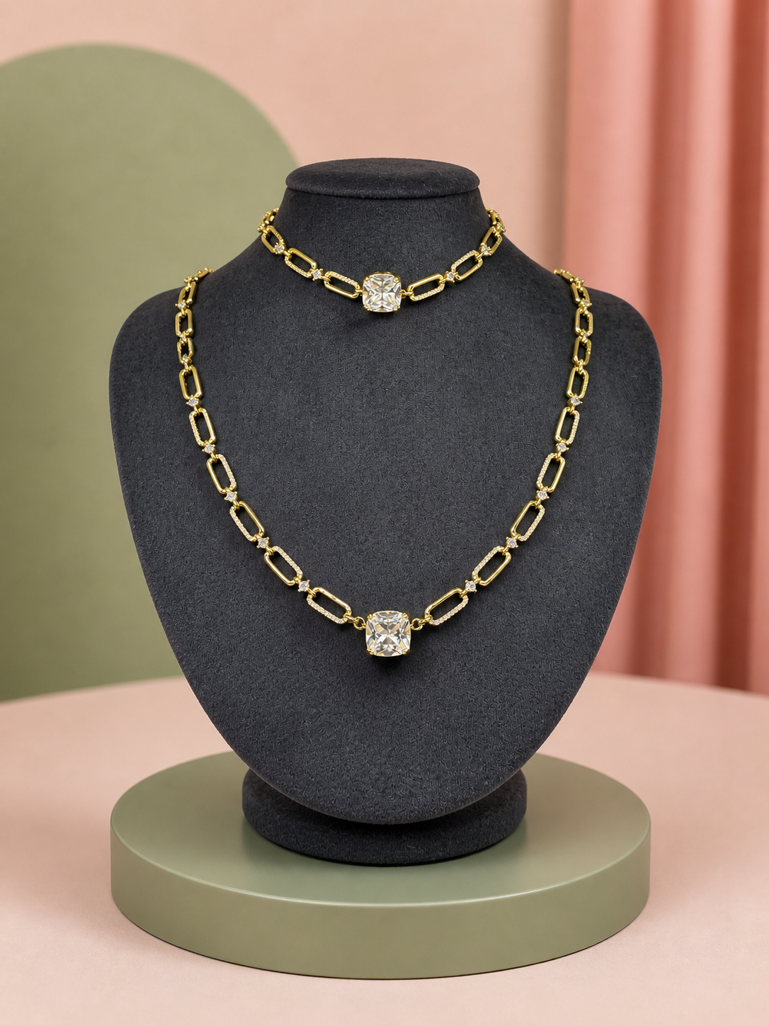 Gold Büyük Taşlı Kolye ve Bileklik Set