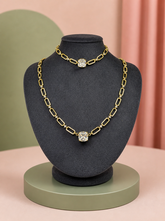 Gold Büyük Taşlı Kolye ve Bileklik Set