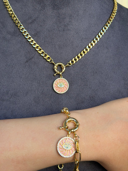 Gold Pembe Mineli Kolye ve Bileklik Set