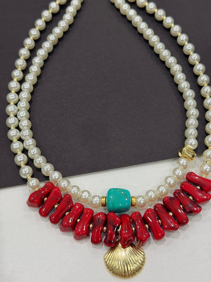 Beyaz İncili Mercan Kolye