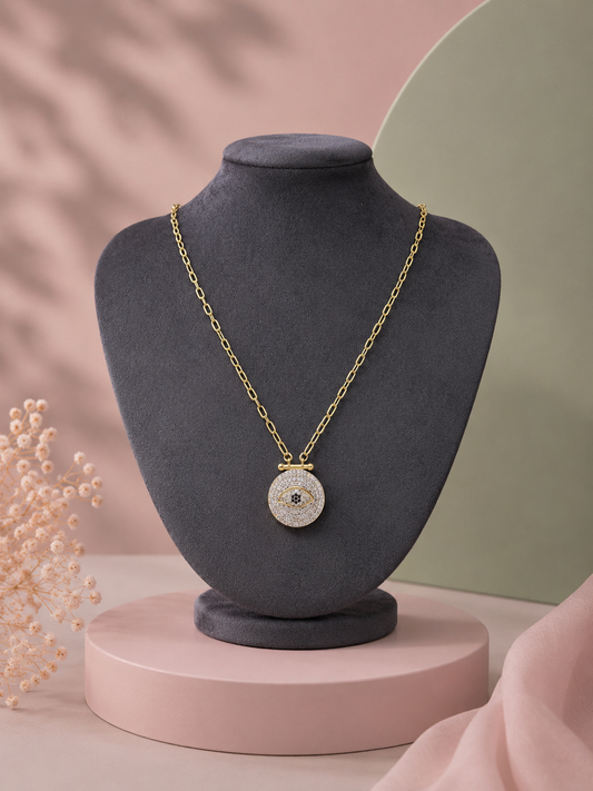 Gold Göz Detaylı Taşlı Kolye