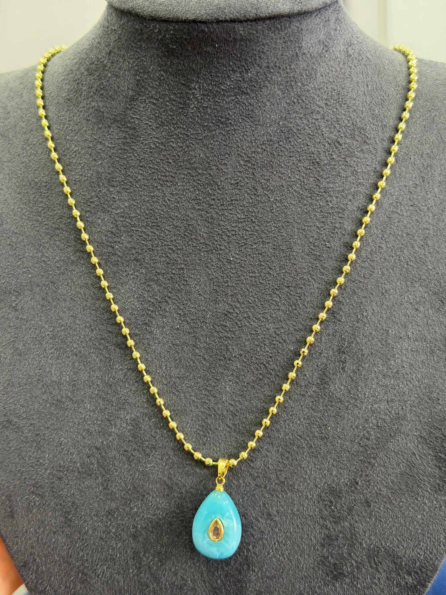 Gold Damla Mavi Taşlı Kolye