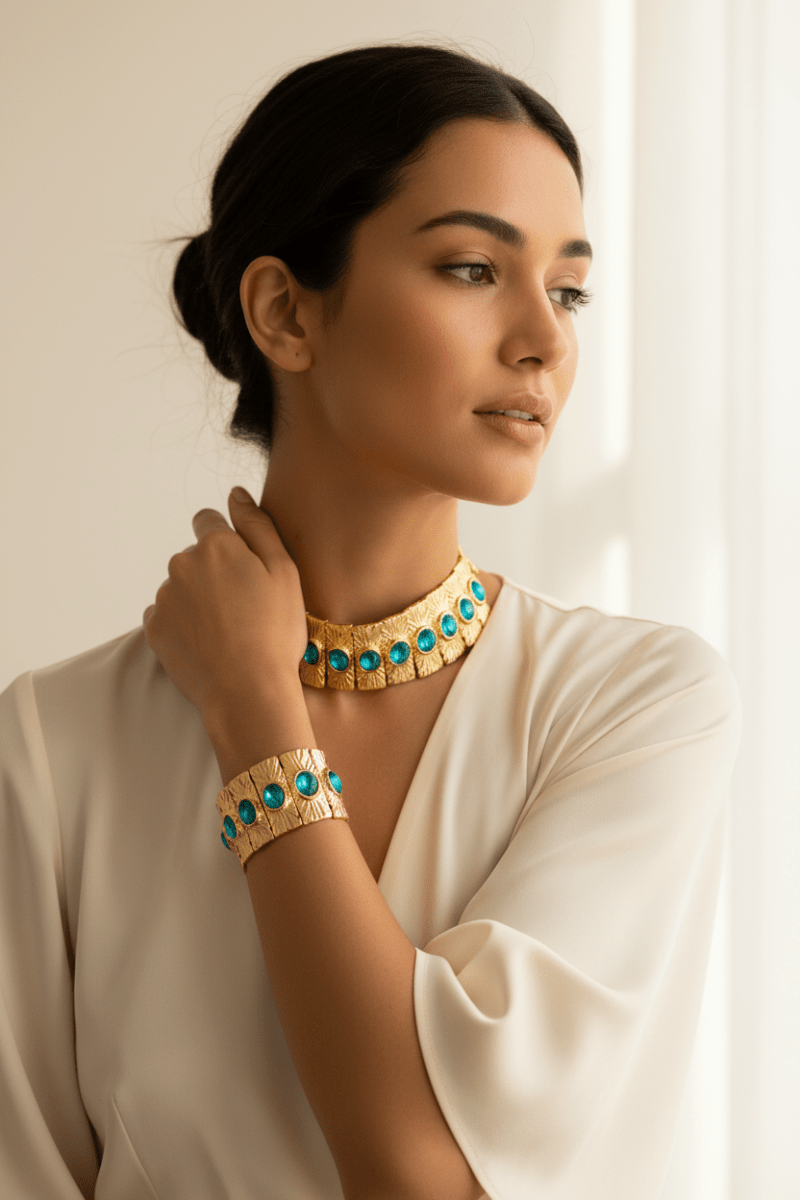 Choker Tasarım Turkuaz Taşlı Set Kolye Ve Bileklik - Muas Aksesuar