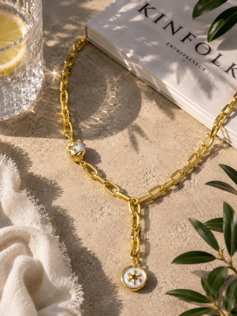 Gold Beyaz Mineli Frozen Y Kolye - Muas Aksesuar