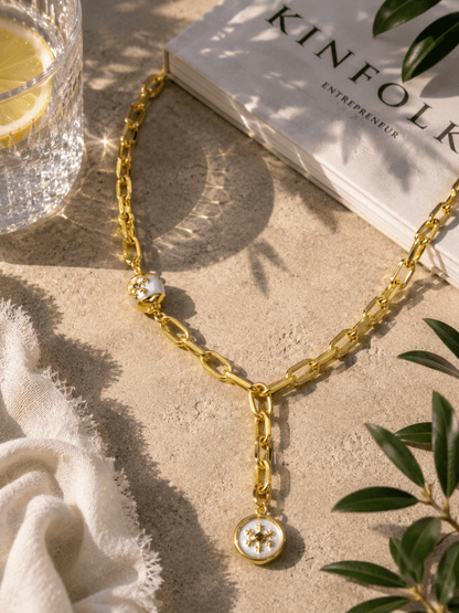 Gold Beyaz Mineli Frozen Y Kolye - Muas Aksesuar