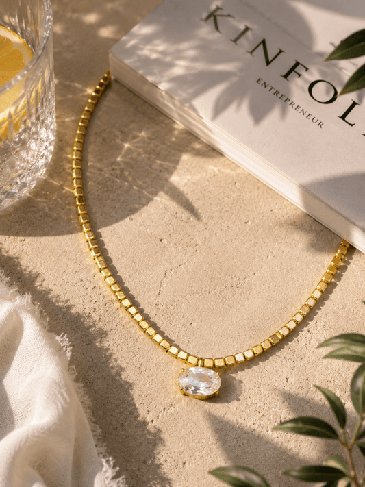 Gold Oval Taşlı Maria Kolye - Muas Aksesuar