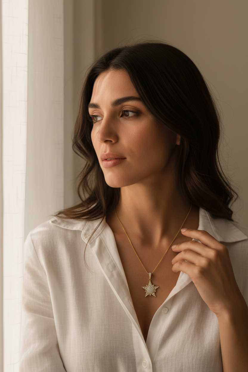 Gold Taşlı Yıldız Kolye – Lifestyle 1 (Revize)