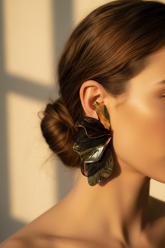 Gold & Siyah Yaprak Küpe lifestyle