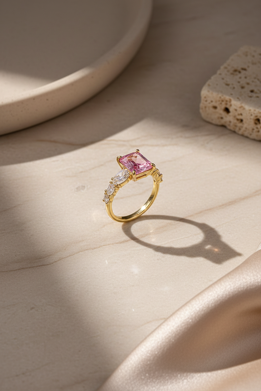 Gold Pembe Taşlı Pırlanta Yüzük – Flatlay