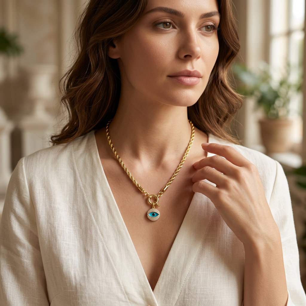 Gold Irıs Göz Kolye model üzerinde lifestyle