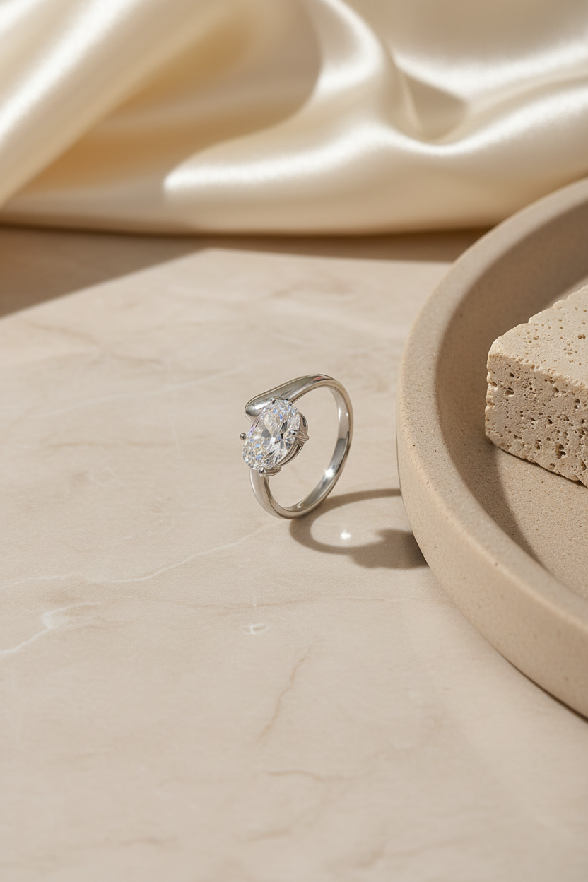 Silver Tek Taş Kuğu Pırlanta Yüzük flatlay bej mermer