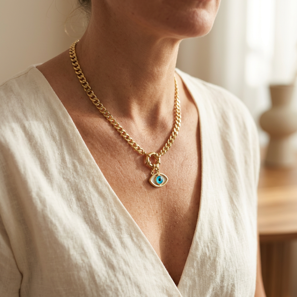 Gold Göz Charm Gurmet Zincir Kolye model üzerinde lifestyle