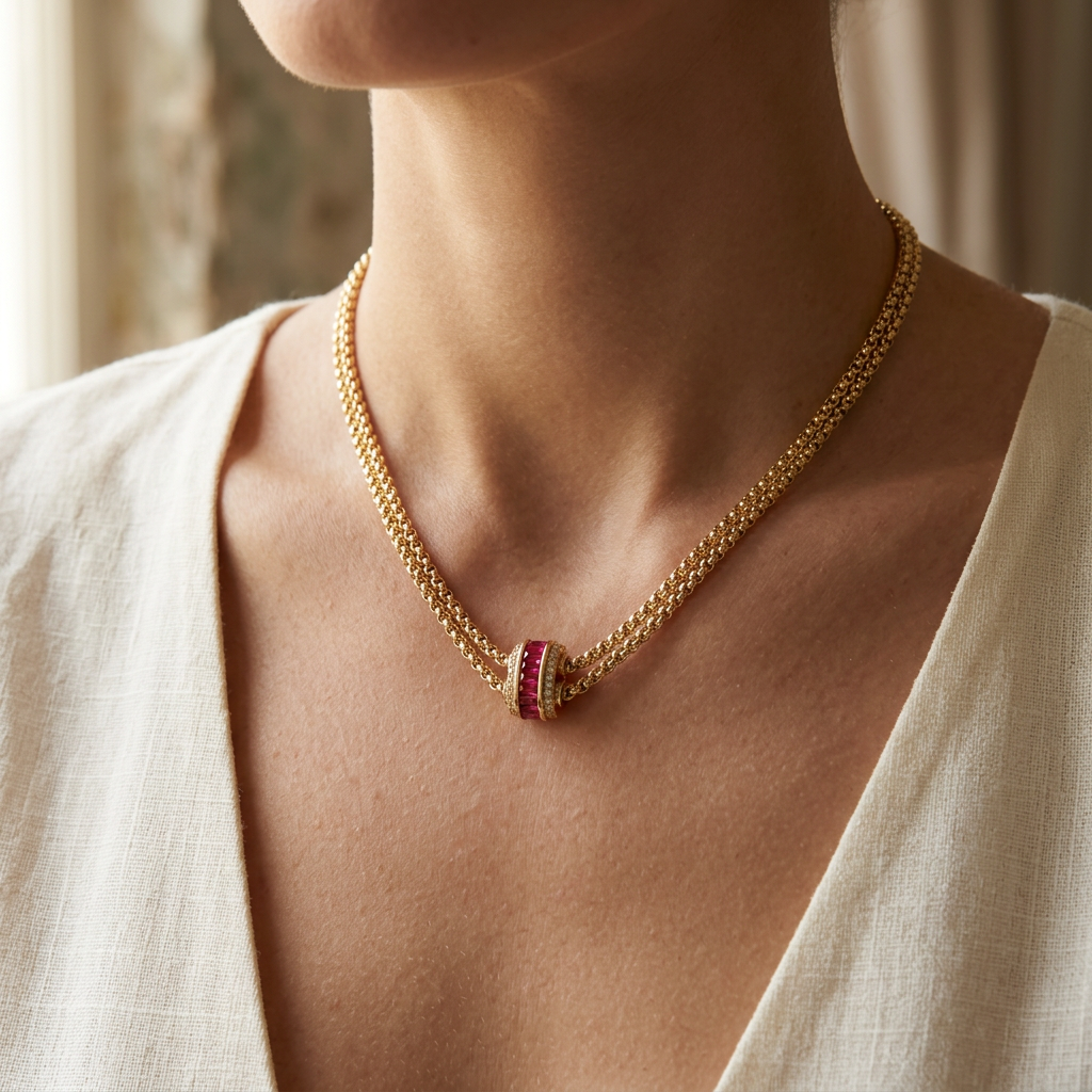 Gold Ruby Baguette Kolye model üzerinde lifestyle